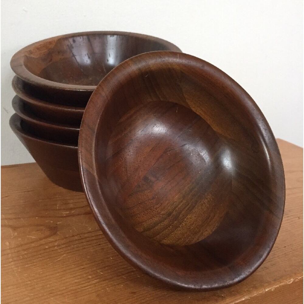 Set of 5 Vtg Mid Century Vermillion Real Walnut Small Wooden Salad Bowls 5.75"